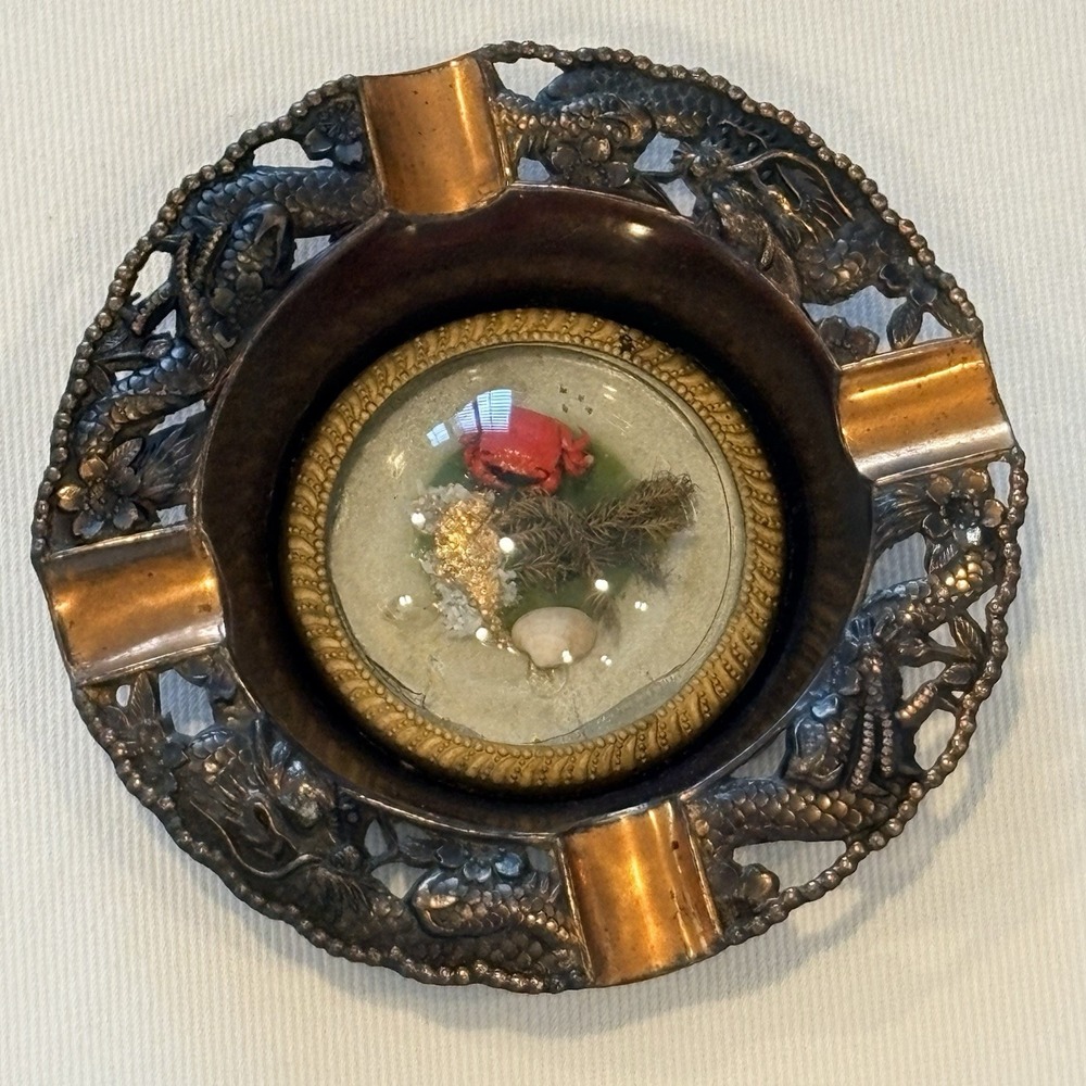 Vintage Japanese Dragon Copper Ashtray Diorama Crab Shell Mid Century Decor 4"